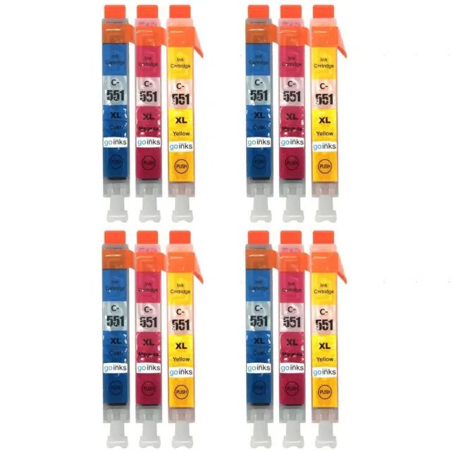 12 Colour Ink Cartridges to replace Canon CLI-551 (C/M/Y) Compatible for Printer