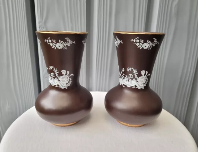 Lovely Pair Of Small Brown Vintage Old Court Ware Hand Painted Vases