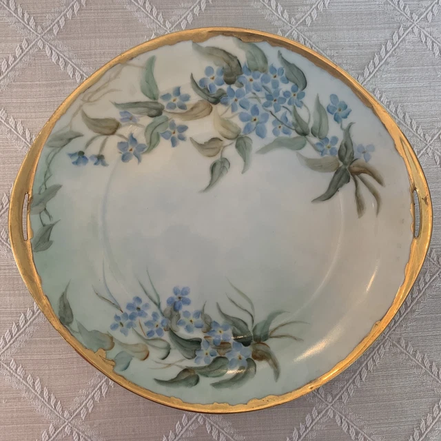 Antique Silesia Handled Porcelain 10" Cake Plate Hand Painted Gold Trim 1913