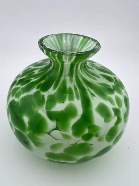 Vintage Hand Blown Glass Vase. Painted On Inside. Green And White. 3” In Height