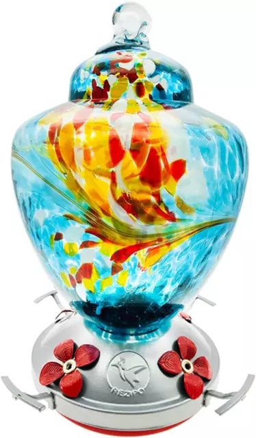 Hummingbird Feeder with Perch - Hand Blown Glass - Blue - 38 Fluid Ounces Hummin