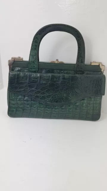 Rare Vintage 1930s Art Deco Green Crocodile Gladstone Style Handbag