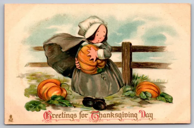 Thanksgiving~Plump Pilgrim Girl Wants Best Pumpkin @ Patch~Calligraphy~TUCK~1912
