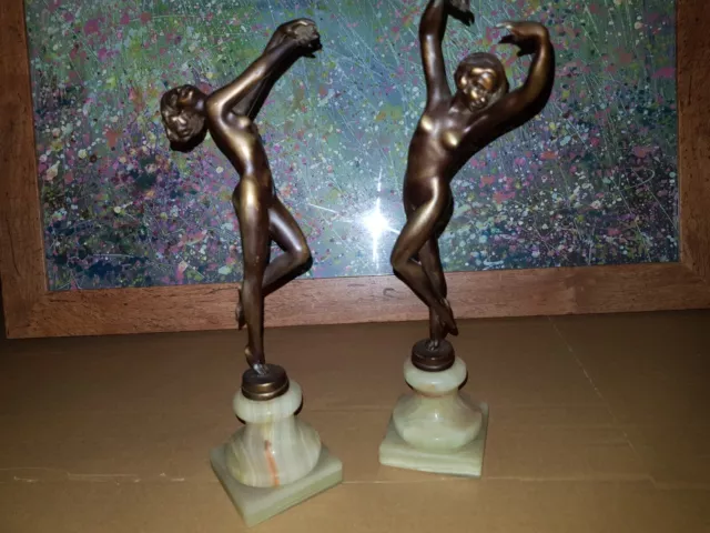 Art Deco pair of Josef Lorenzl bronzed spelter female figurines on onyx bases