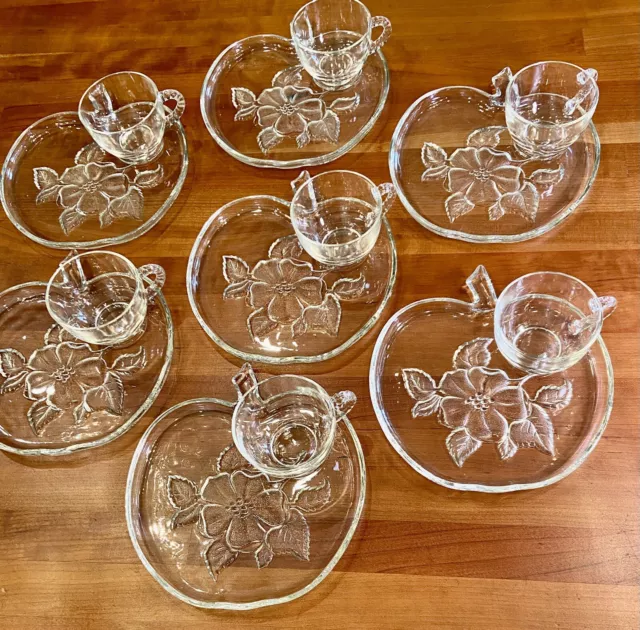 Hazel Atlas Apple Orchard Snack Plate & Cups Clear Glass Blossoms Set of 7 Vtg