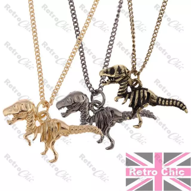 DINOSAURIER Skelett RAPTOR ANHÄNGER HALSKETTE kurze Kette SCHWARZ/MESSING/GOLD Mode