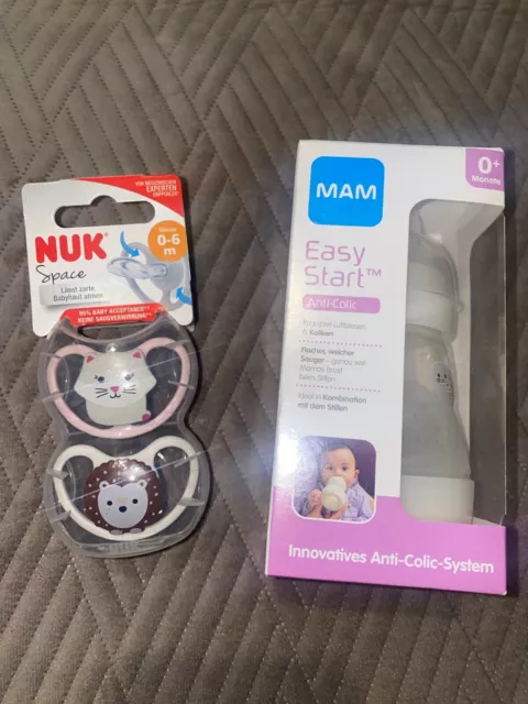 MAM Easy Start Anti-Colic Babyflasche + NUK Space Schnuller 0-6 Monate NEU OVP