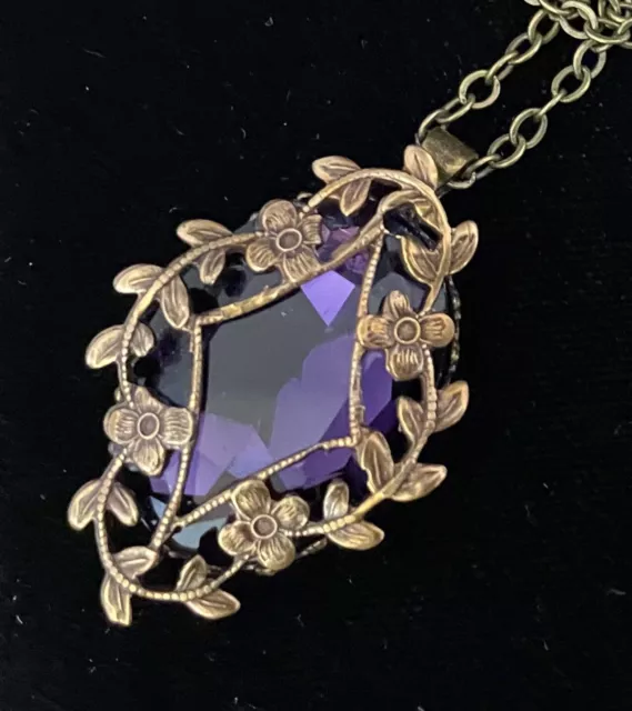 Deep Purple Necklace Victorian Revival Purple Rhinestone Floral Filigree Pendant