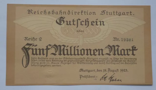 5 Millionen Mark Stuttgart 1923 Reichsbahn Inflation Großnotgeld Notgeld