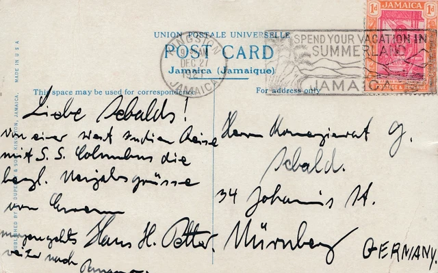 Jamaica 1921: Post Porto Card Kingstown Port Antonio To Nuremberg