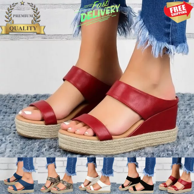 Summer Womens Platform Sandals Ladies Mid Heel Slip On Wedge Shoes Slippers Size