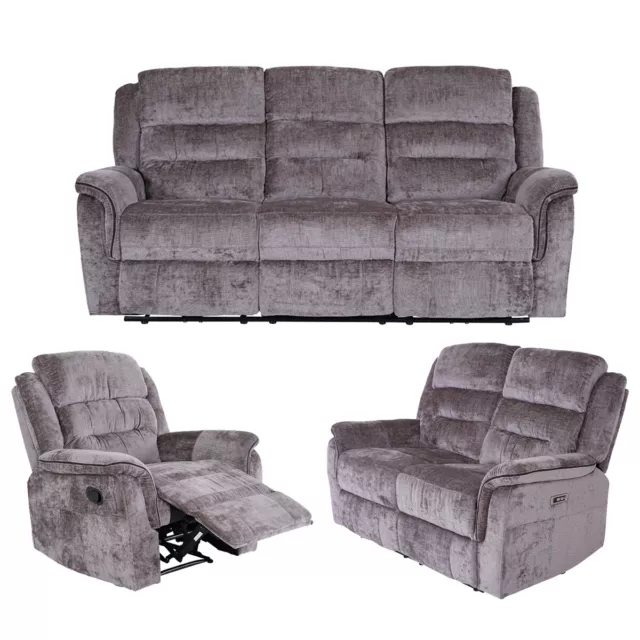Turin 3 Seater 2 Seater and Armchair Grey Chenille Fabric Recliner Sofa (3+2+1)