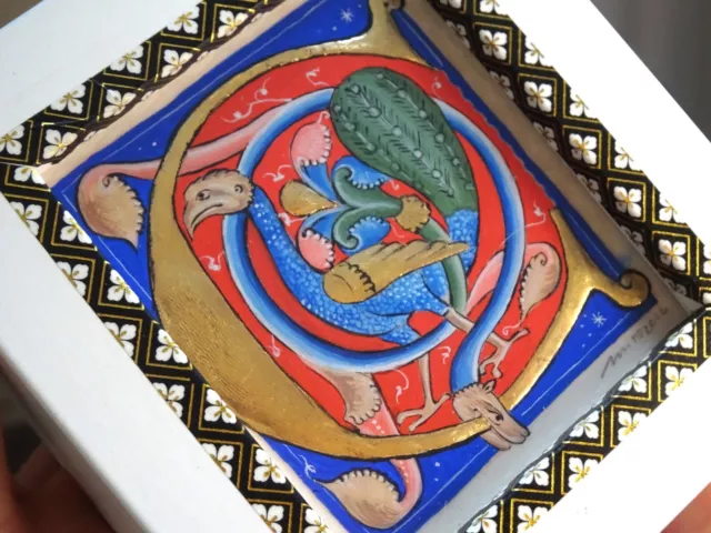 Medieval Peacock, Original handmade illuminated painting, miniature, manuscript
