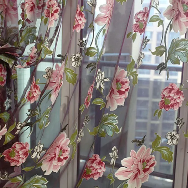 1/2/4 Panels Peony Pattern Tulle Window Curtains Floral Sheer Voile Drapes Home