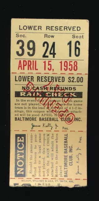 APRIL 15 1958 BALTIMORE ORIOLES OPENING DAY TICKET STUB v MINNESOTA TWINS