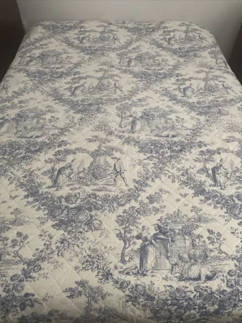 Vintage Shabby Chic Toile pattern in 100% cotton soft blue/off white/bed cover