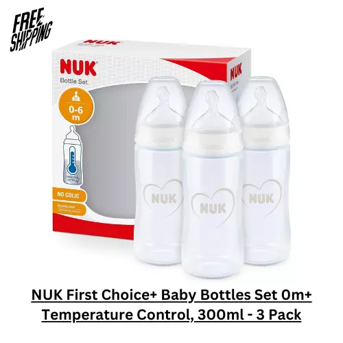 NUK First Choice+ Baby Bottles Set 0m+ Temperature Control, 300ml - 3 Pack