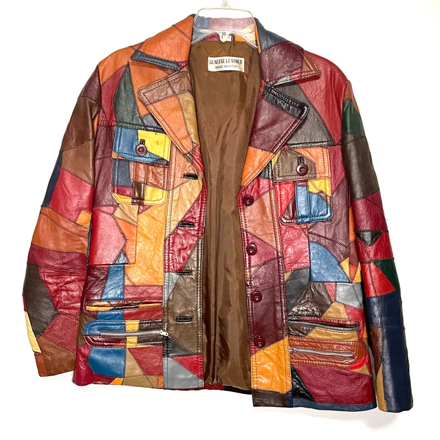 Vintage 70s Patchwork Leather Red Blue Cognac Button Front Jacket size Small