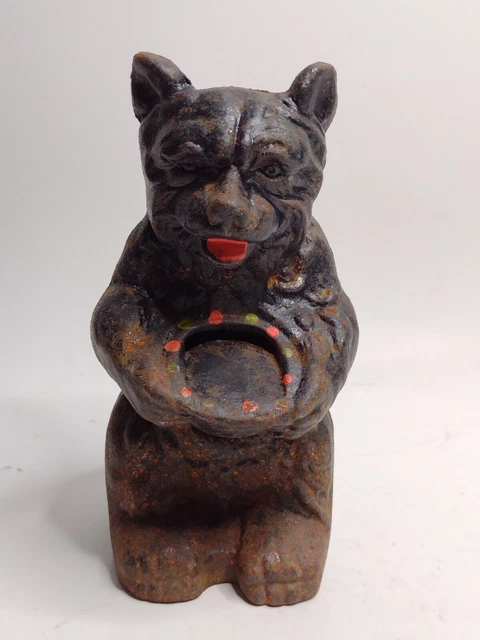 Vintage Cast Iron Black Bear Holding A Pot Of Honey Shaped Still Coin Bank