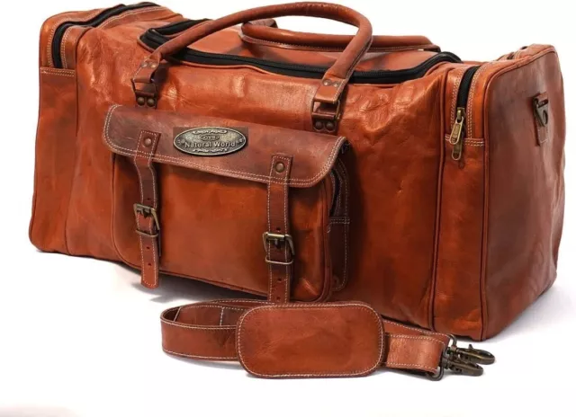 Hombres Bolsa de Viaje Genuino Cabra Cuero Lona Equipaje Deporte Fin 76.2cm