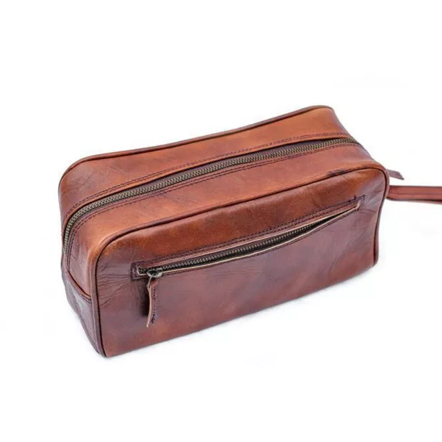 Vintage Antique Mens Dark Brown Leather Travel Toiletry Shaving Dopp Kit Bag