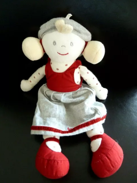 92. DOUDOU BERLINGOT POUPEE  26 cms blonde robe rouge gris pois - EXCELLENT ETAT