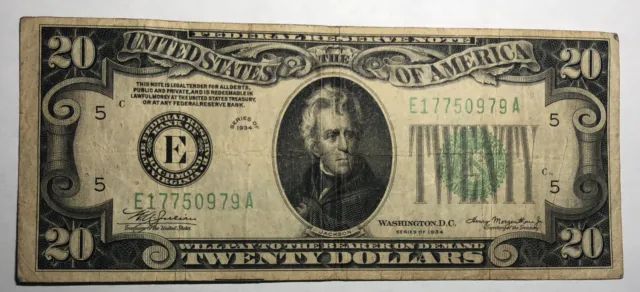 1934 $20 Federal Reserve Note FRB E Richmond FR2054E. F-VF, 5 pinholes. #42