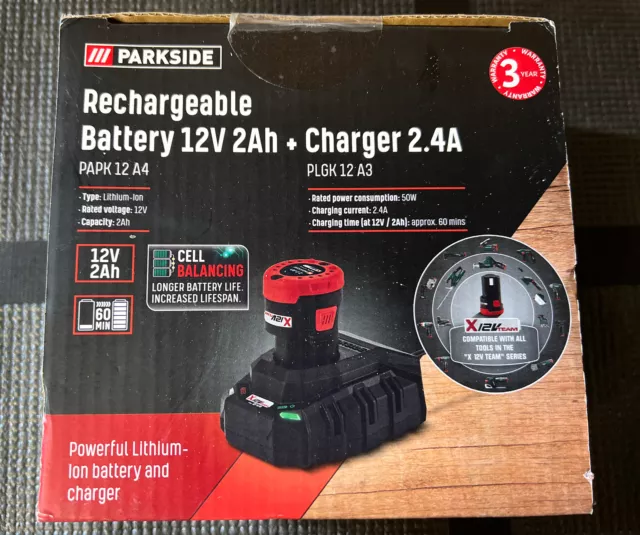 PARKSIDE SET BATTERIA E CARICABATTERIE 12 V 2Ah PAPK12A4 PLGK12A3 Nuovissimo