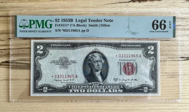 1953 B $2 Legal Tender Red Seal Star Note Fr.1511* Pmg Gem Unc 66 Epq