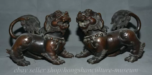 11" Old Chinese Bronze Palace Fengshui Door Foo Fu Dog Guardion Lion Statue Pair