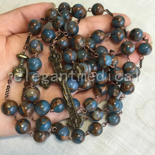 XL 10MM Football STONE beads First Communion Rosary GIFT Vintage  Cross Necklace