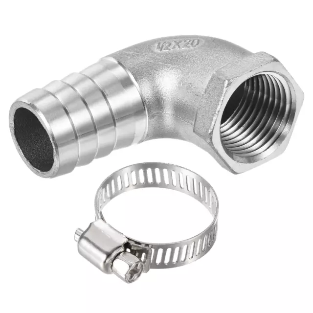 Steel Hose Barb Fitting Elbow 20mm x 1/2NPT Female Thread with Hose Clamp 1 Set