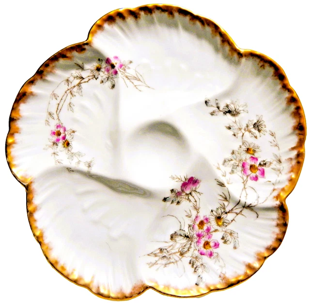 French Antique Charles Field Haviland GDM Pink Flowers w/ Gold 8" Oyster Plate