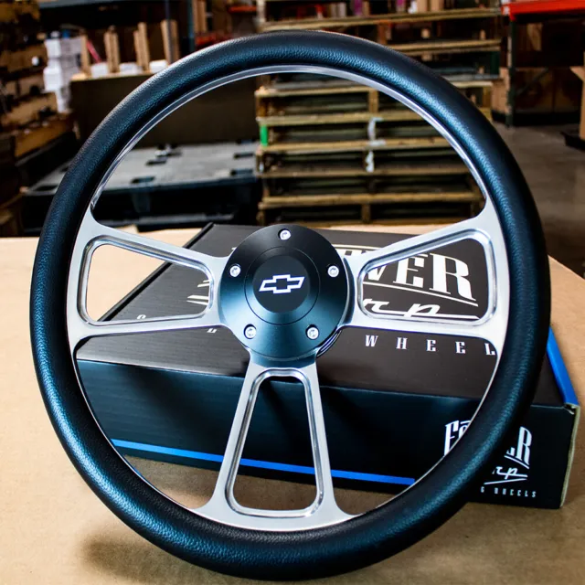 14" Billet Muscle Steering Wheel with Black Vinyl Wrap and Chevy Horn - 5 Hole 2