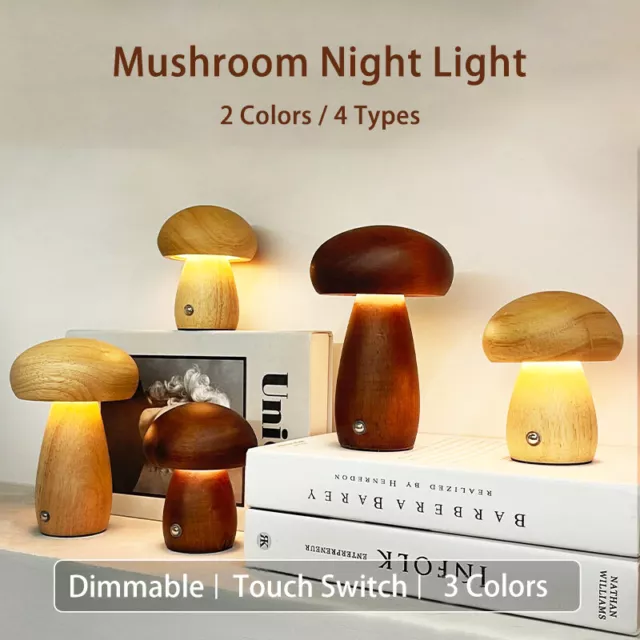 Mushroom Night Light 3 Colors Switch Dimmable Wooden Bedroom Light Table Lamp