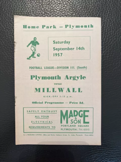 14.9.1957. Plymouth Argyle v Millwall (Div 3 South).