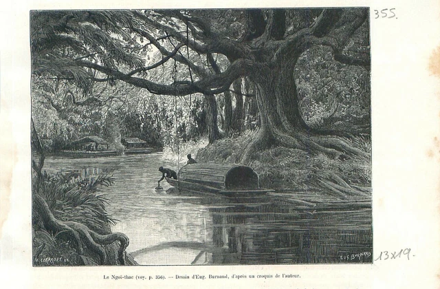 Village de maisons en bambou  Ngoï-thac rivière du Viêt Nam Tonkin GRAVURE 1888