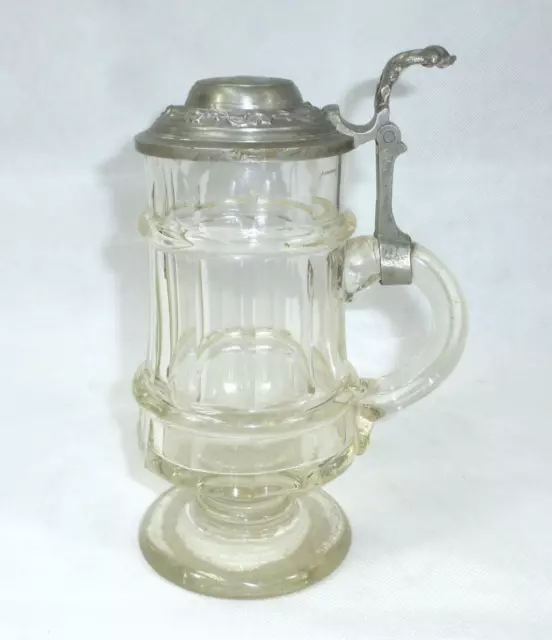 Mundgeblasener Bierkrug Glas Krug mit Zinnmontur um 1900 Gravur
