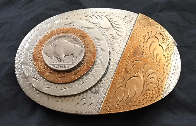 Vintage American Made 3 Layer Buffalo Nickel Handcrafted Western Belt Buckle