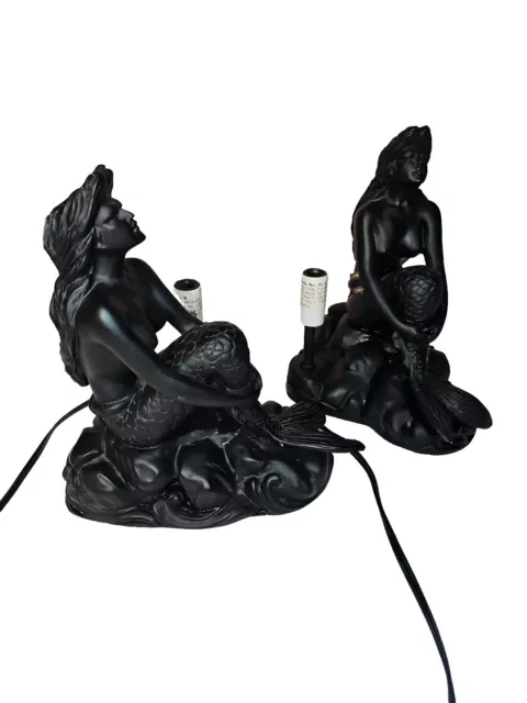 1 Pair *Rare Art Deco Mermaid Nude Figural Accent Lamp Desk Shade Flat Black MCM 2