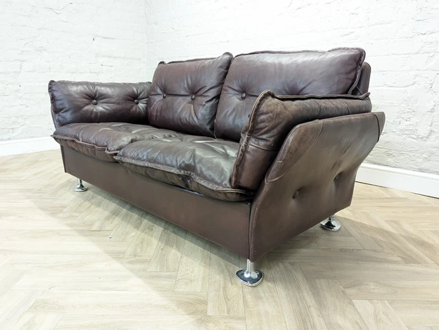 Mid-Century Vintage Swedish Dark Burgundy Leather & Chrome 2 Seater Sofa Couch 3