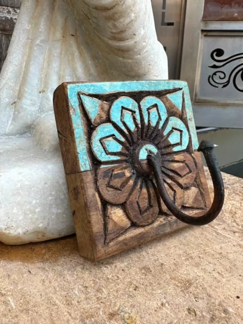 Vintage Old Wooden Hand Carved Floral Rustic Blue Wall Hanging Hook Hanger