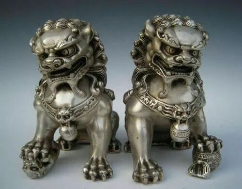 Antique Old Tibet Silver Lion Fu Foo Dogs Door guard Lions lucky Statues A Pair