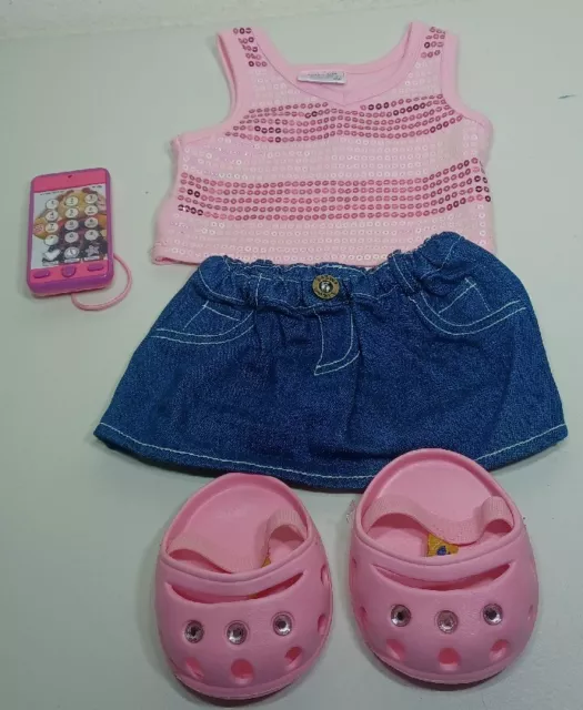 BUILD A BEAR WORKSHOP Pink Crocs Sandals Jewels Gems Shoes Outfit Jean Skirt