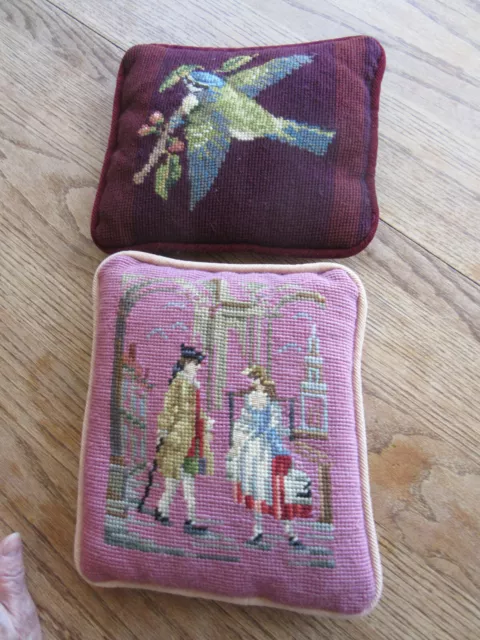 2 Vintage Mid Century Small Needlepoint Pillows Pink W/ Bird Burgundy W/ People