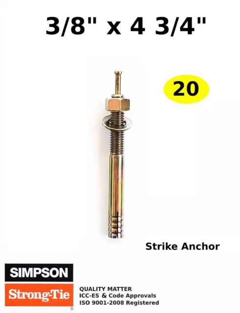 (QTY 20) 3/8 x 4 3/4 Strike Concrete Wedge Anchors Hammer Drive Pin Anchor Bolts
