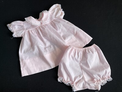 Vintage Baby Girls Size 6 Months Pink Dress White Lace Trim & Matching Panties
