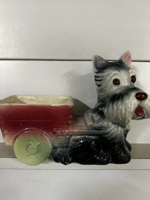 Vintage Scottie Dog Planter Pulling Red Cart Wagon Green Wheels Japan Dog Pot