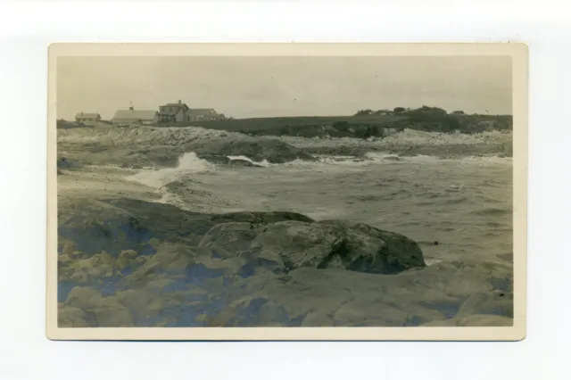 North Scituate MA Photographer RPPC photo postcard, buildings behind rocky shore
