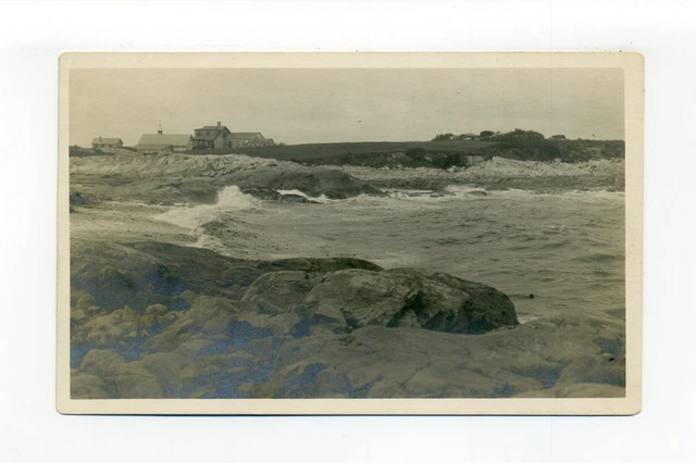 North Scituate MA Photographer RPPC photo postcard, buildings behind rocky shore